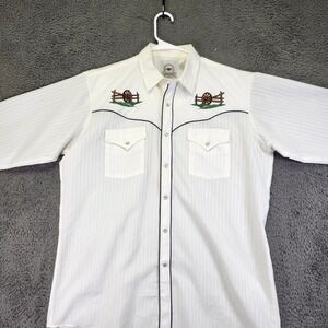 Mid-West Garment VTG Western Shirt Embroidered Wagon Wheel Cowboy White L-16 1/2